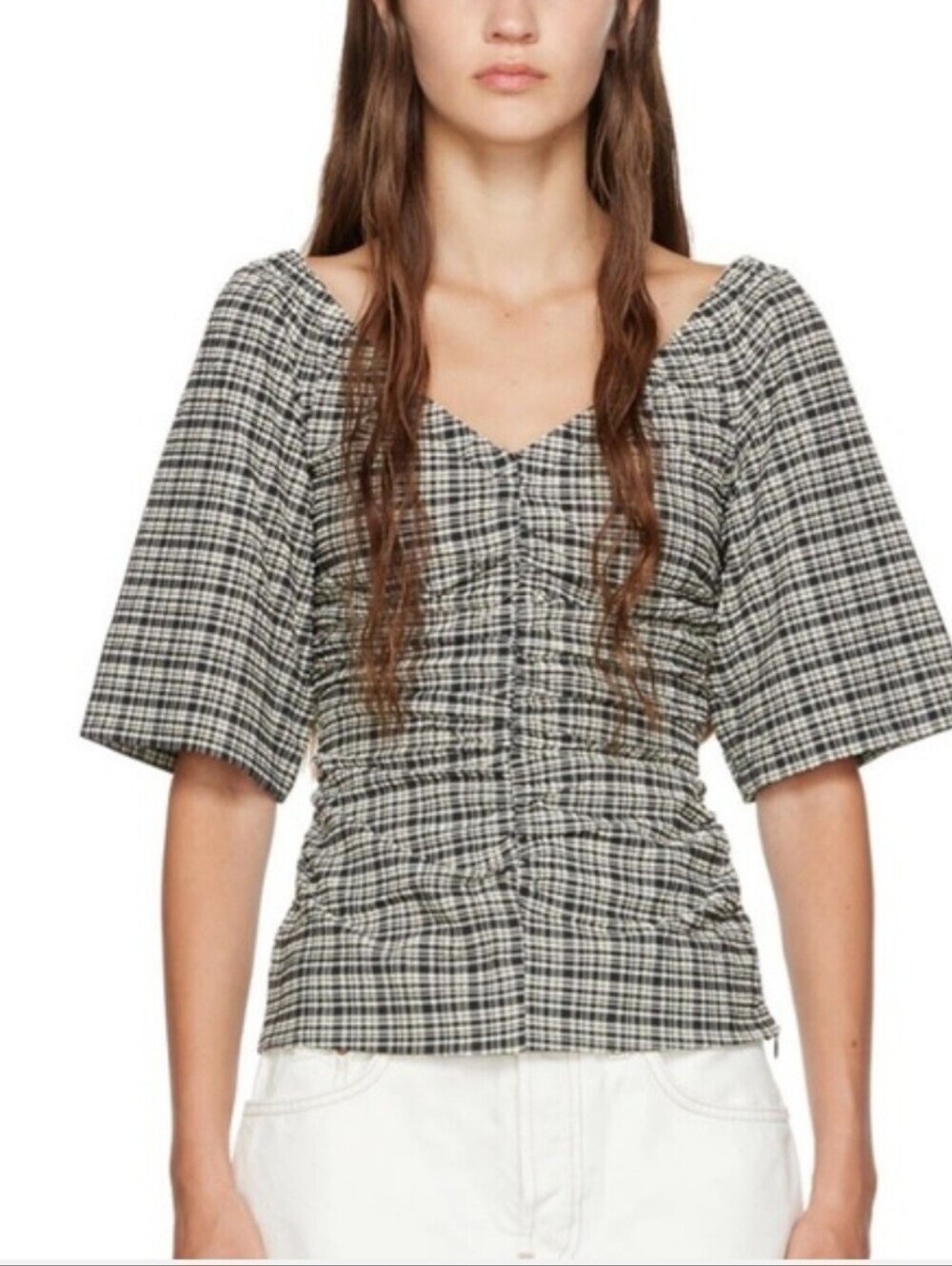 Ganni Ruched Plaid Blouse Top Size 44 US 12 Large Runs Small Checkered